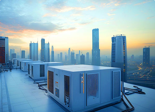 Row of industrial HVAC cooling units on a rooftop overlooking a city skyline at dusk, representing data center climate control.