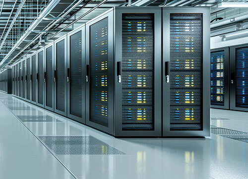 A clean, modern data center aisle featuring rows of black server cabinets and reflective flooring.