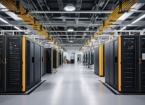 Large-scale server hall with yellow-accented racks and organized overhead cable trays in a brightly lit industrial facility.
