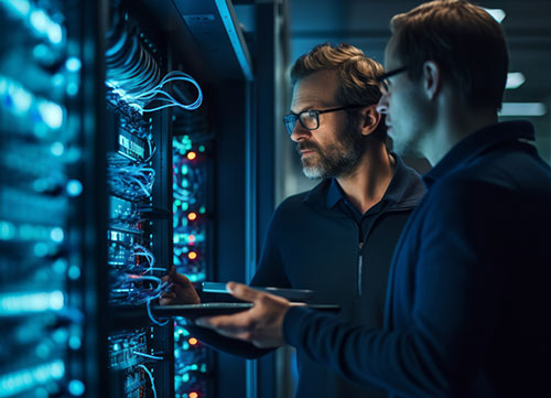 Two IT professionals in glasses inspecting server rack cabling in a dimly lit data center with blue ambient lighting.
